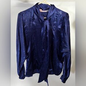 Vintage Tess Paris Milano Blue Silky Satin Blouse With Necktie Scarf Size 14